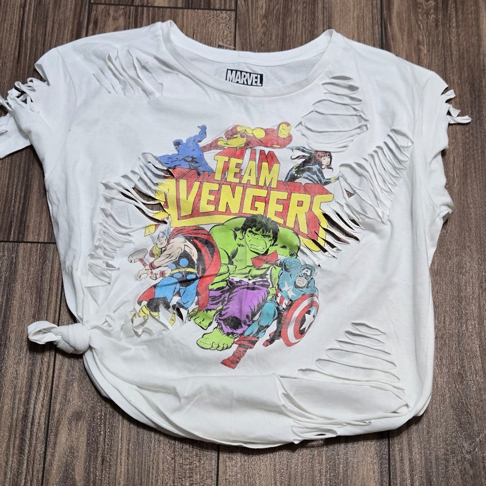 Marvel Team Avengers Distressed Shredded Graphic Tee White 2XL Fifth Sun Custom